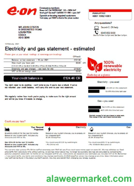 United Kingdom E.ON utility bill template in Word and PDF format, version 3 (2)
